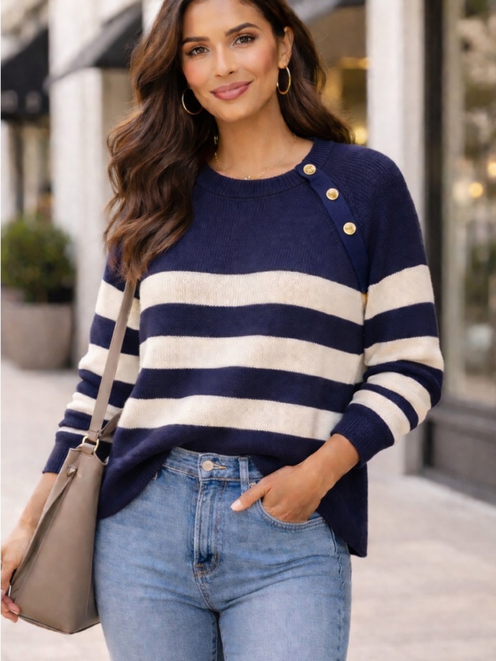 Michael Kors Navy White‎ Striped Sweater XL NWT Gold Button Shoulder Coastal